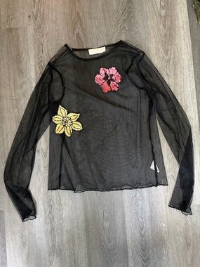 Black Sheer Long Sleeve Top with Pink and Yellow Floral Appliqués
